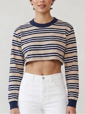 Aritzia TNA Ryer Cropped Stripe Long Sleeve Top Tan & Navy Blue Crewneck 2XS